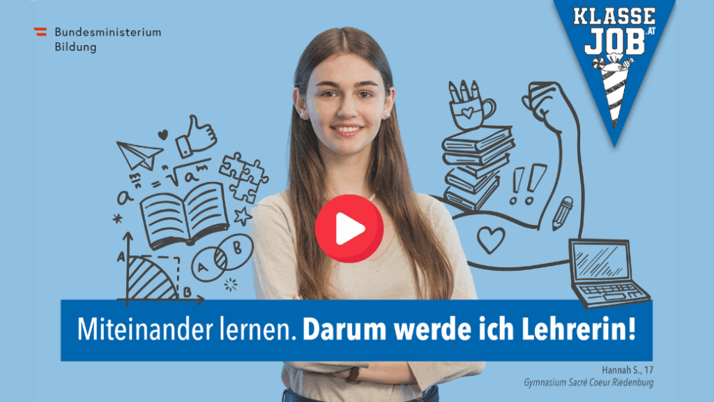Eine selbstbewusste junge Frau mit langen braunen Haaren steht lächelnd mit verschränkten Armen da. Hinter ihr sind blaue Skizzen von Büchern, Bleistiften, Laptops und Bildungssymbolen zu sehen. Der Bannertext lautet: Miteinander lernen. Darum werde ich Lehrerin! In der Mitte erscheint ein Play-Button.