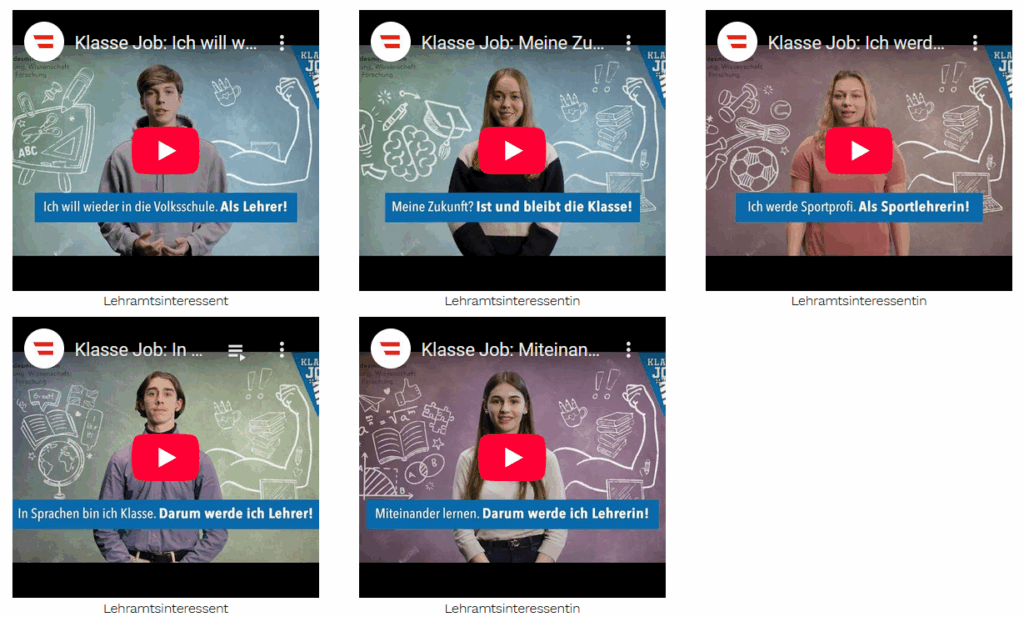 Fünf YouTube-Video-Miniaturansichten zeigen junge Menschen vor bunt illustrierten Kreidetafeln, jede mit einem anderen Titel über den Lehrerberuf. Jedes Bild zeigt eine Person, die YouTube-Wiedergabetaste und Bildunterschriften, die die beruflichen Beweggründe hervorheben.